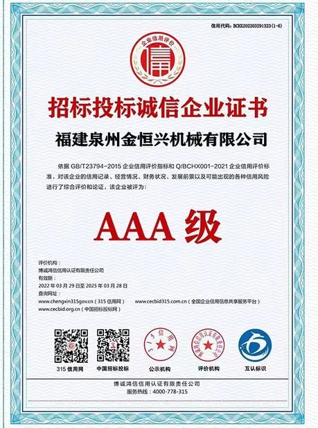 Chiny Fujian Quanzhou Jinhengxing Machinery Co., Ltd Certyfikaty