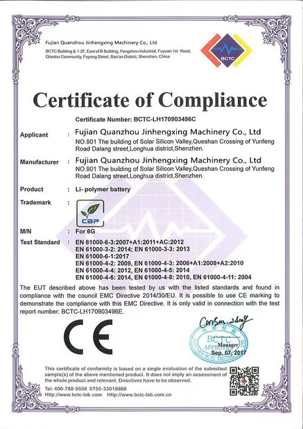 Chiny Fujian Quanzhou Jinhengxing Machinery Co., Ltd Certyfikaty